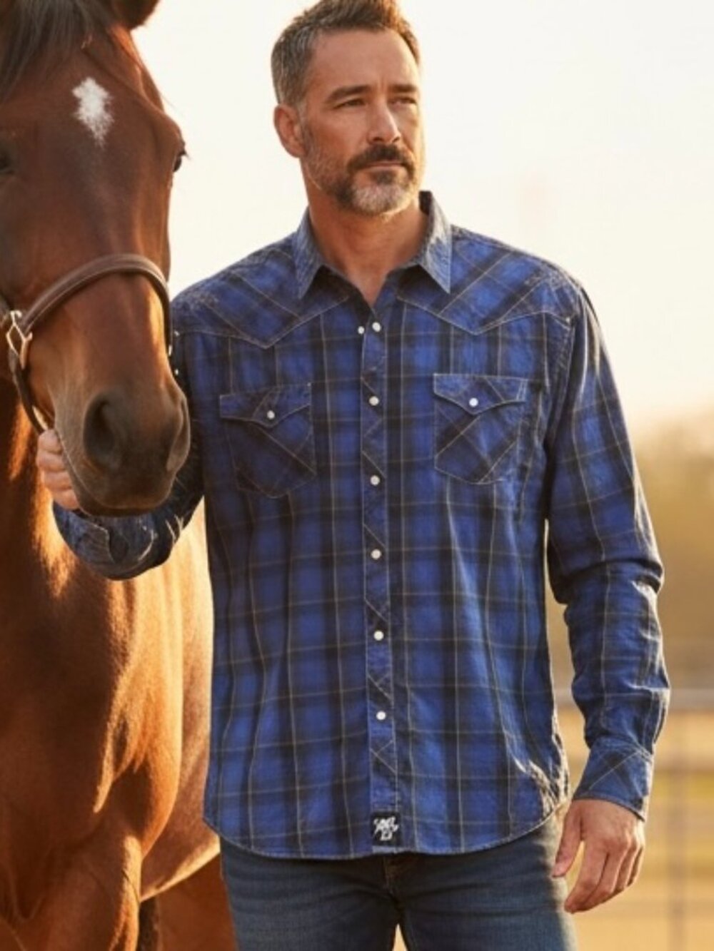 Rocky 47 by Wrangler Mens shirt XXL Blue Black plaid long sleeve Western
